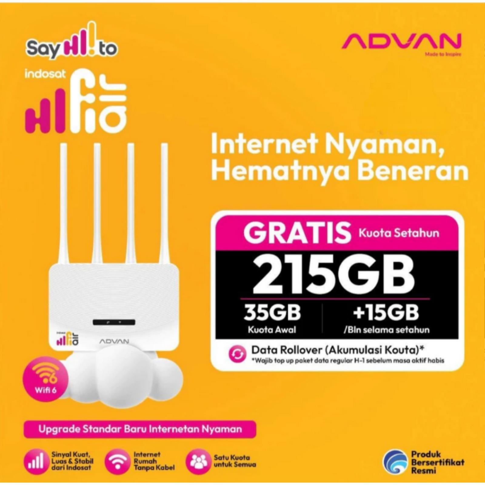 HIFI AIR ADVAN V1 PRO 4G LTE WiFi Router Modem Indosat Bonus Kuota 215GB